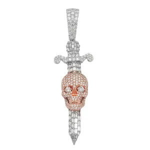10k Two Tone Rose and White Gold Diamond Skull Dagger Pendant 3.59 ctw
