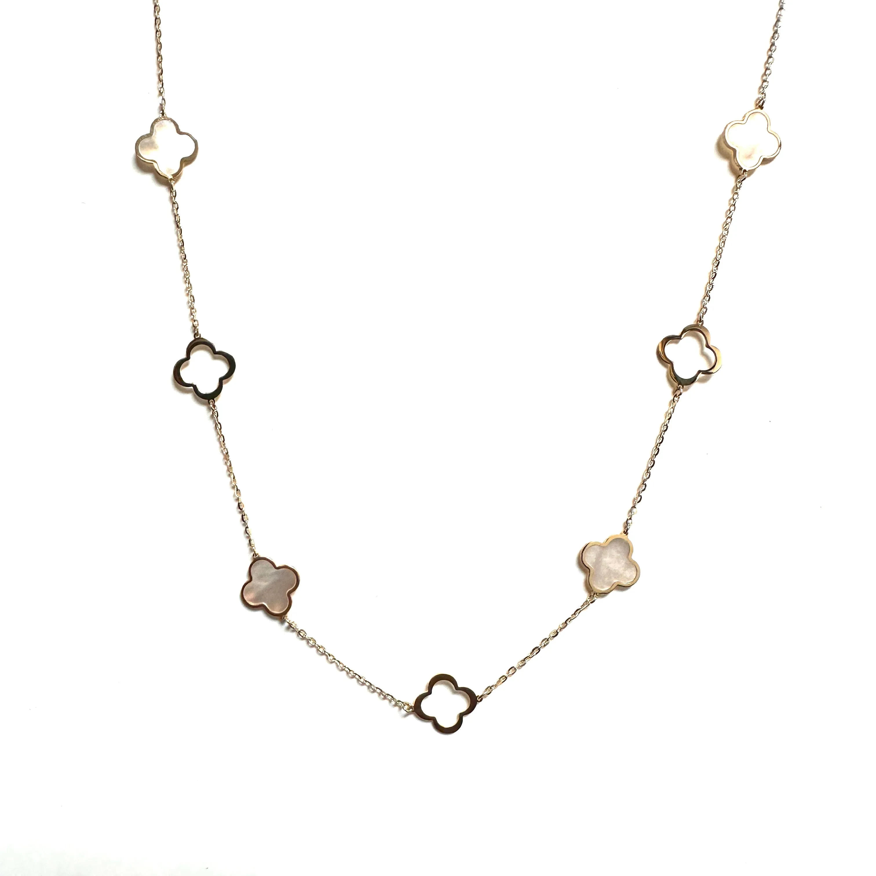 10K Yellow Gold (10mm) Designer Clover Style Mother of Pearl Necklace