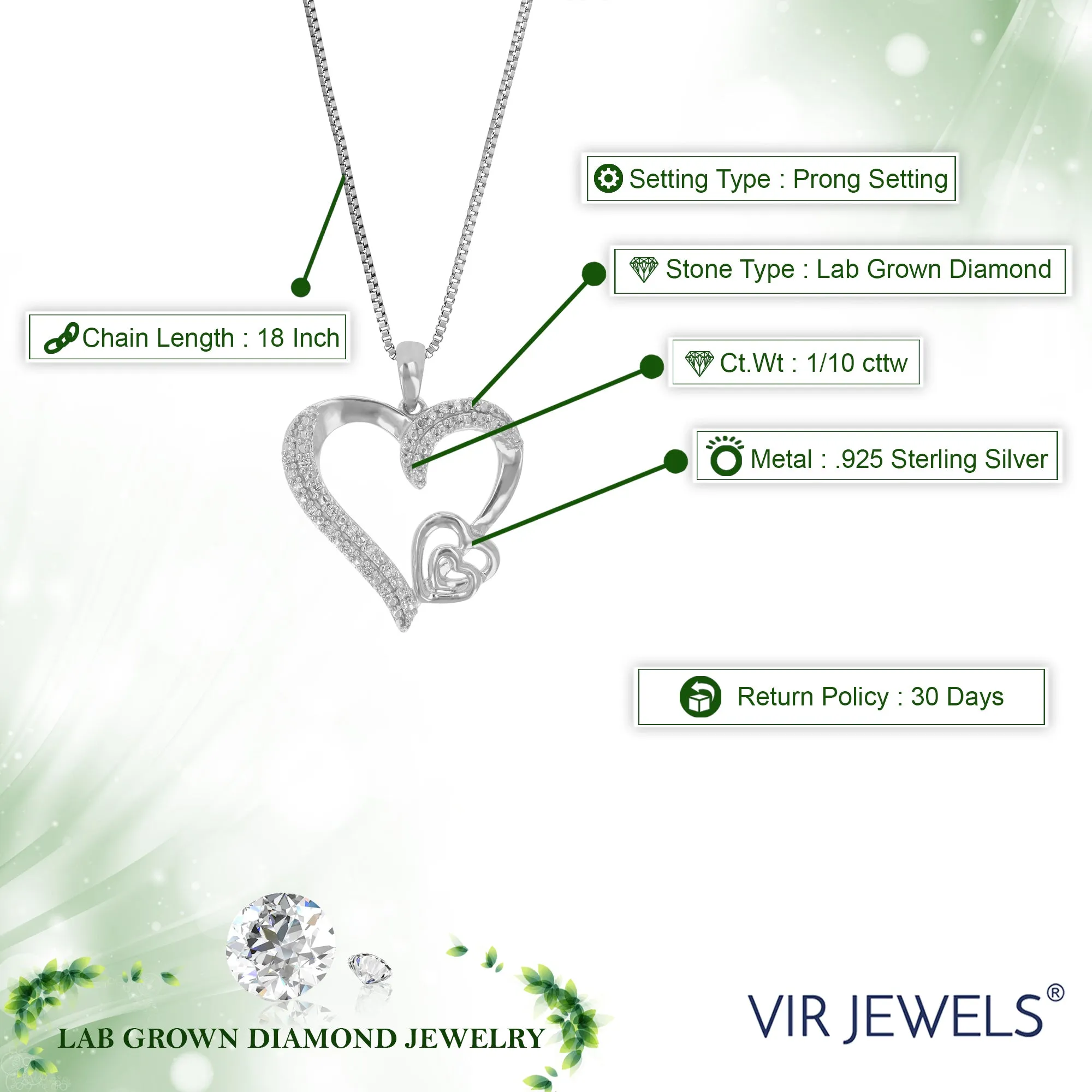 1/10 cttw Lab Grown Diamond Triple Heart Pendant in Sterling Silver