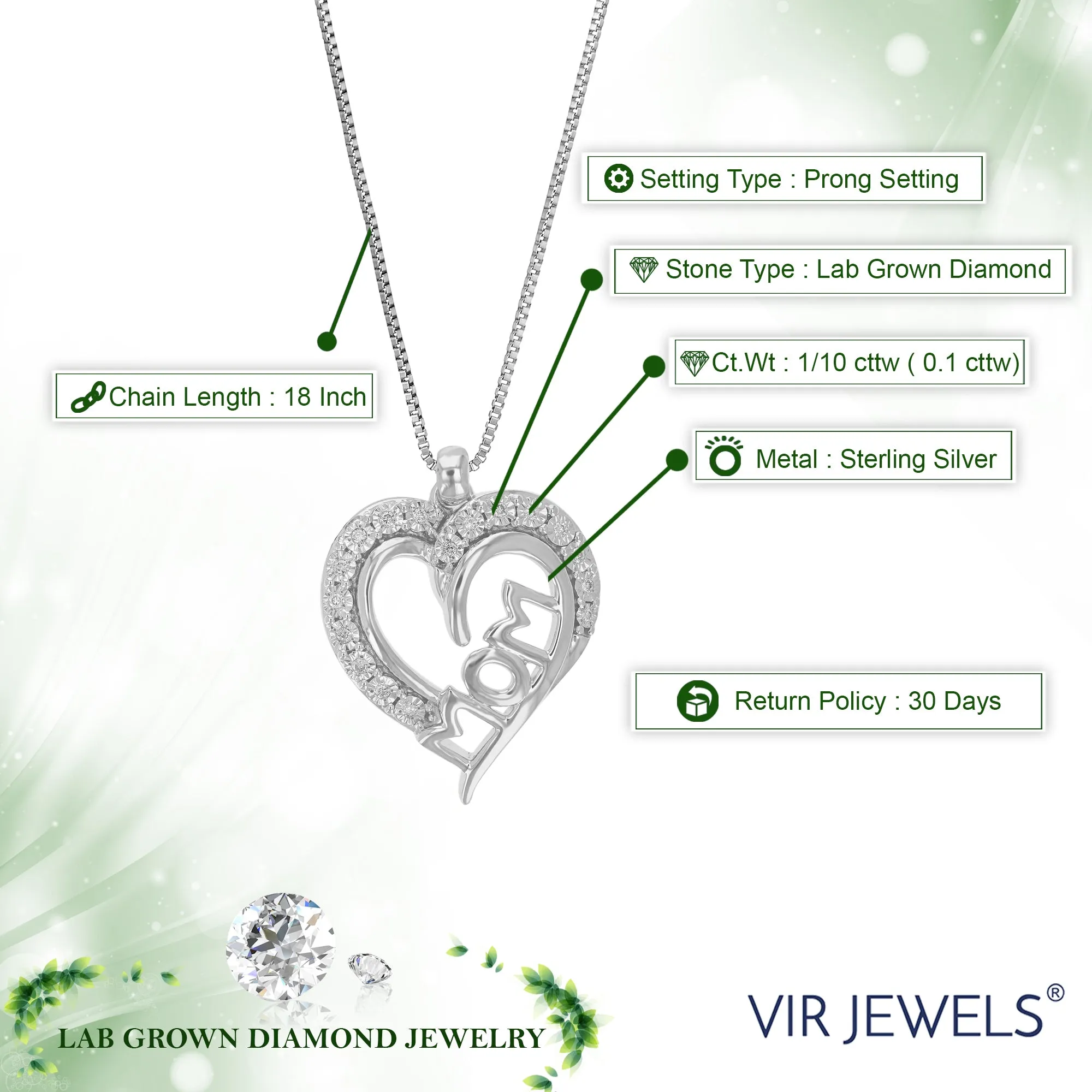 1/10 cttw Mom's Heart Lab Grown Diamond Pendant in Sterling Silver
