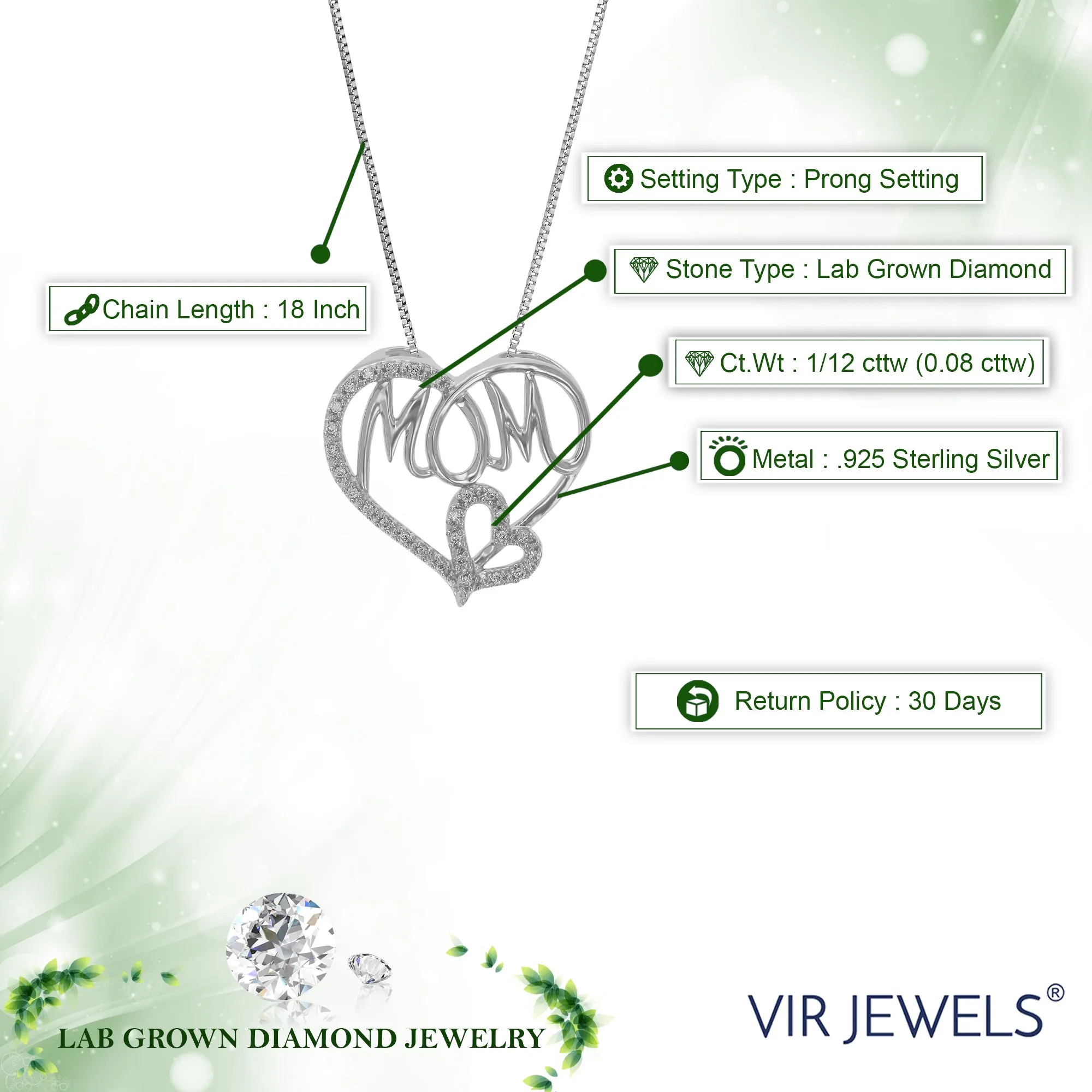 1/12 cttw Lab Grown Diamond Mom Heart Pendant in Sterling Silver