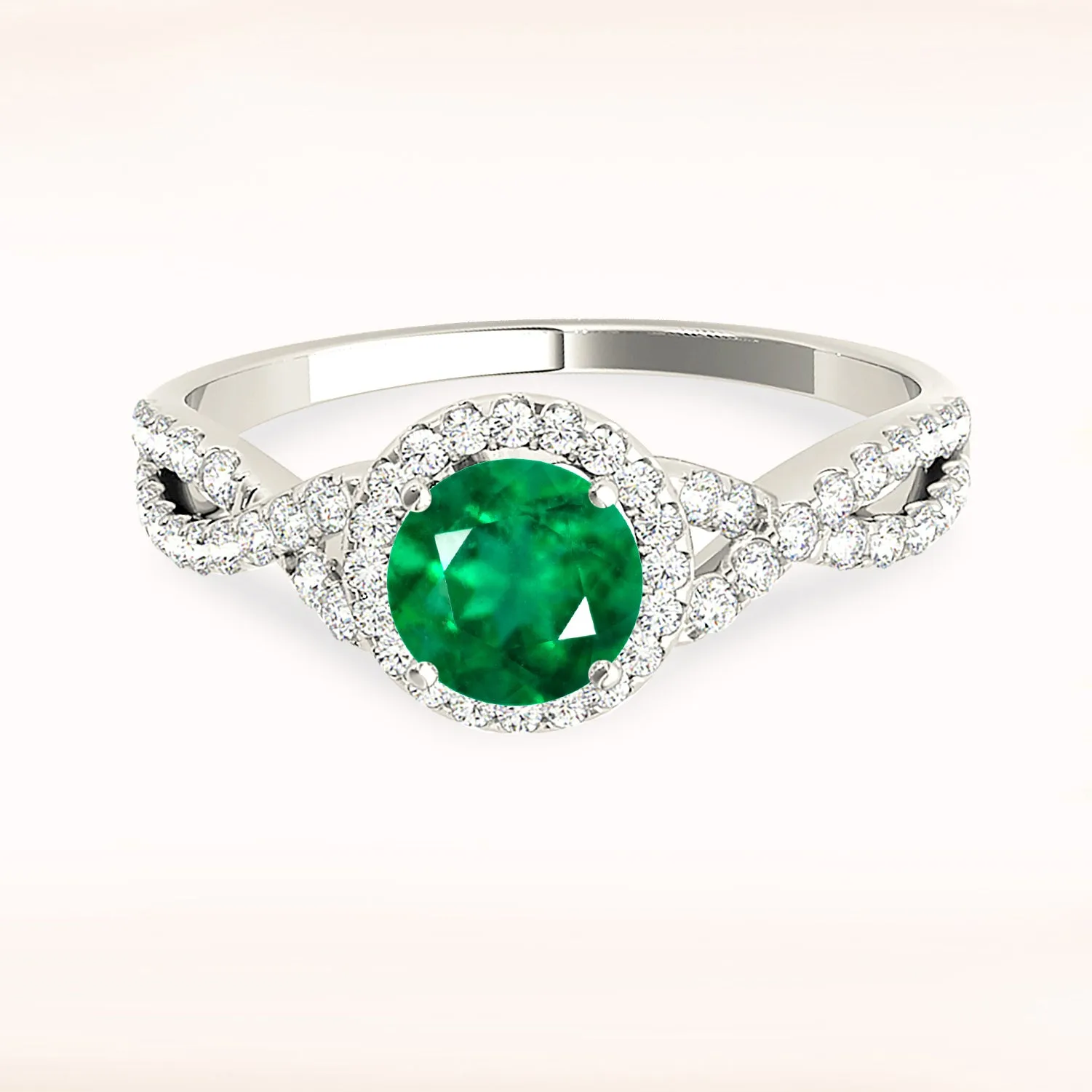 1.15 ct. Genuine Emerald Ring With Halo And Open Twist Diamond Band