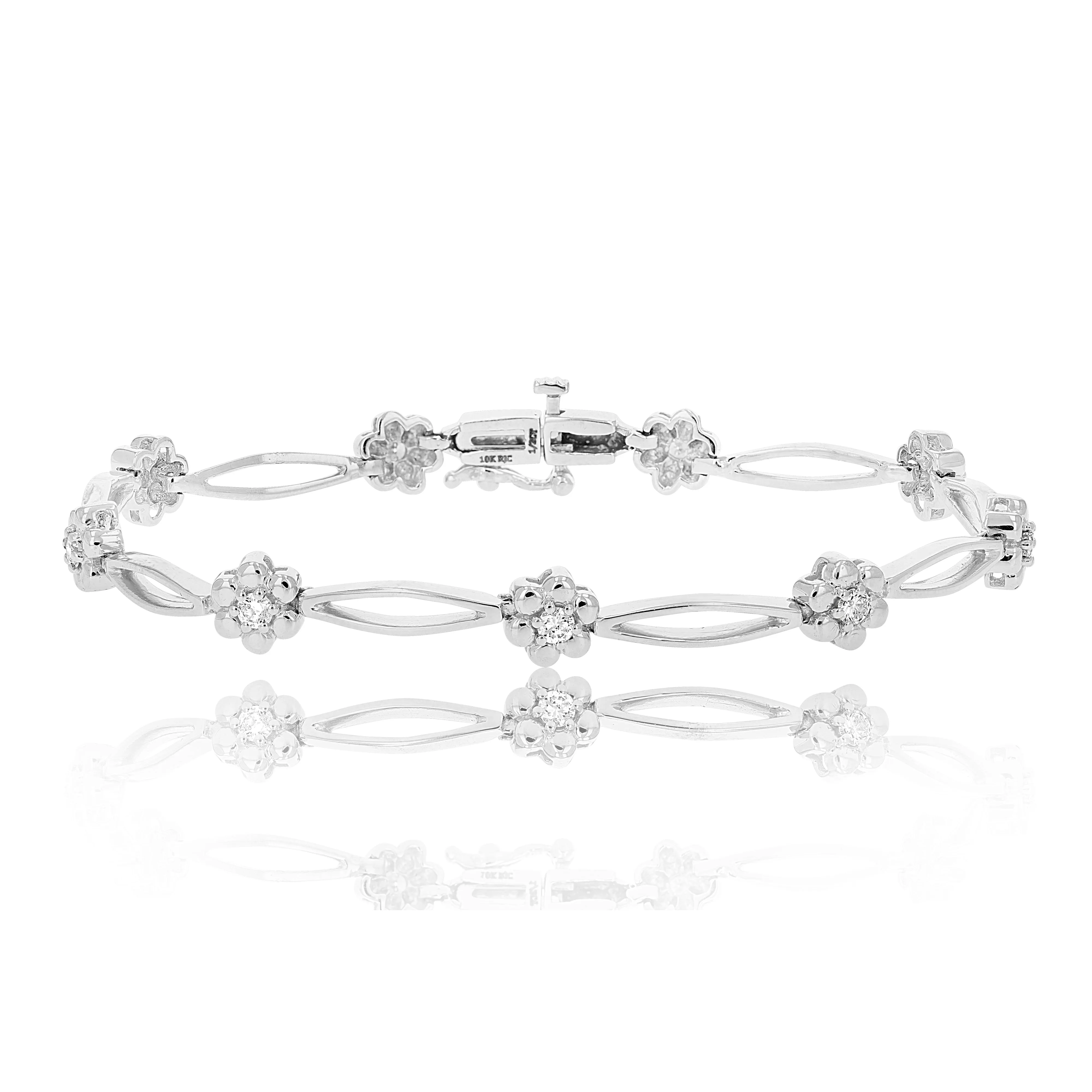 1/2 cttw Floral Diamond Station Tennis Bracelets 10K White Gold