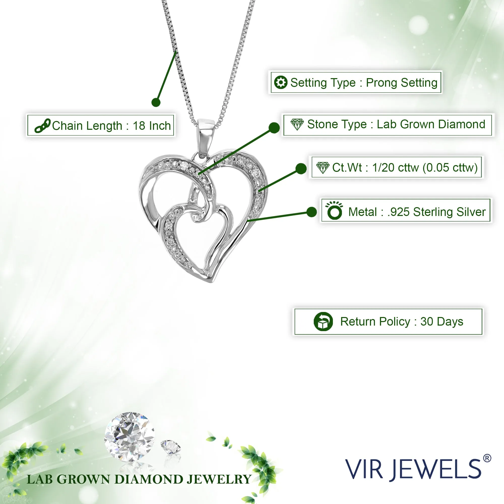 1/20 cttw Lab Grown Diamond Two Heart Pendant in Silver