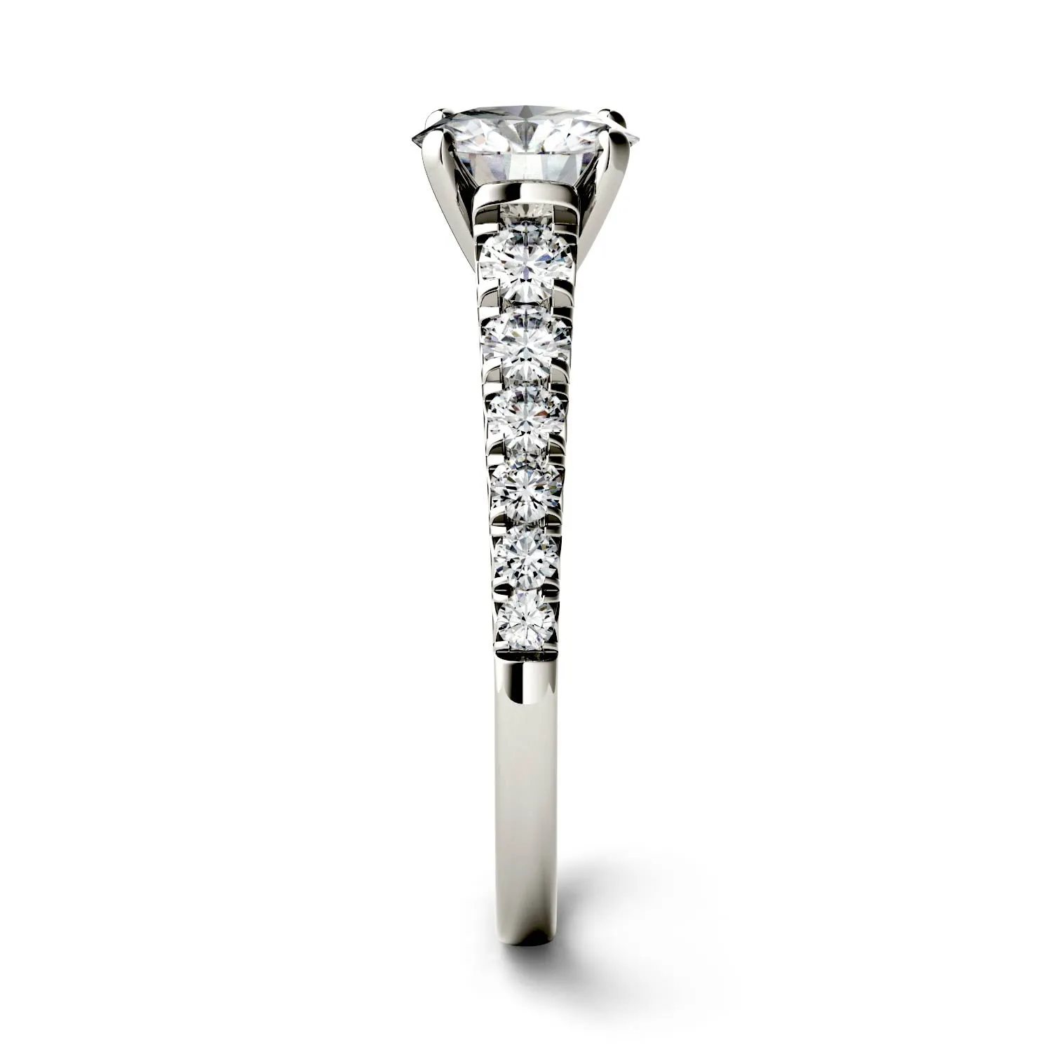 1.29 CTW DEW Round Moissanite Tapered Side-Stone Engagement Ring in 14K White Gold