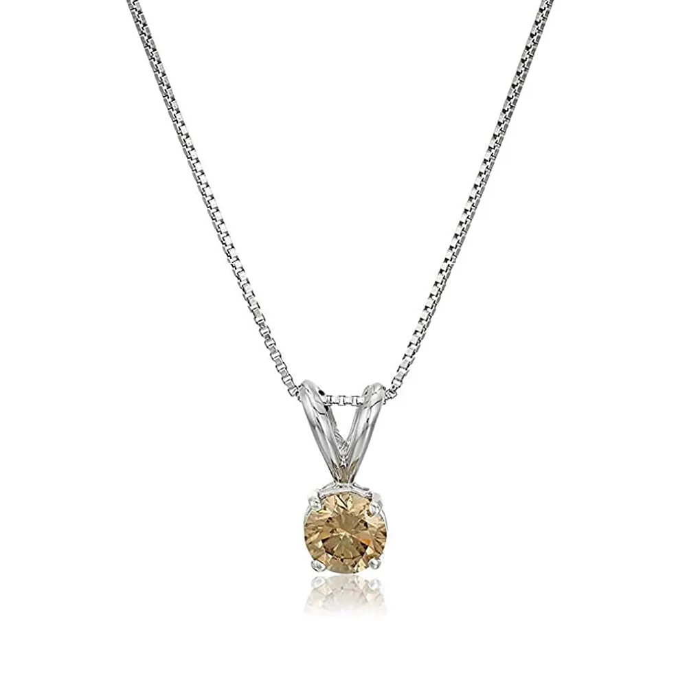 1/3 cttw Diamond Pendant, Champagne Diamond Solitaire Pendant Necklace for Women in 14K White Gold with 18 Inch Chain, Prong Setting