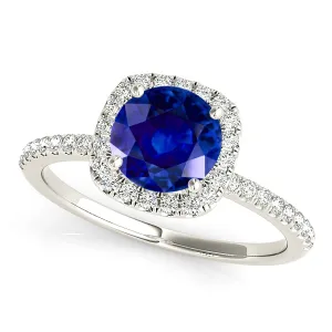 1.35 ct. Genuine Blue Round Sapphire Ring Cushion with Halo Style