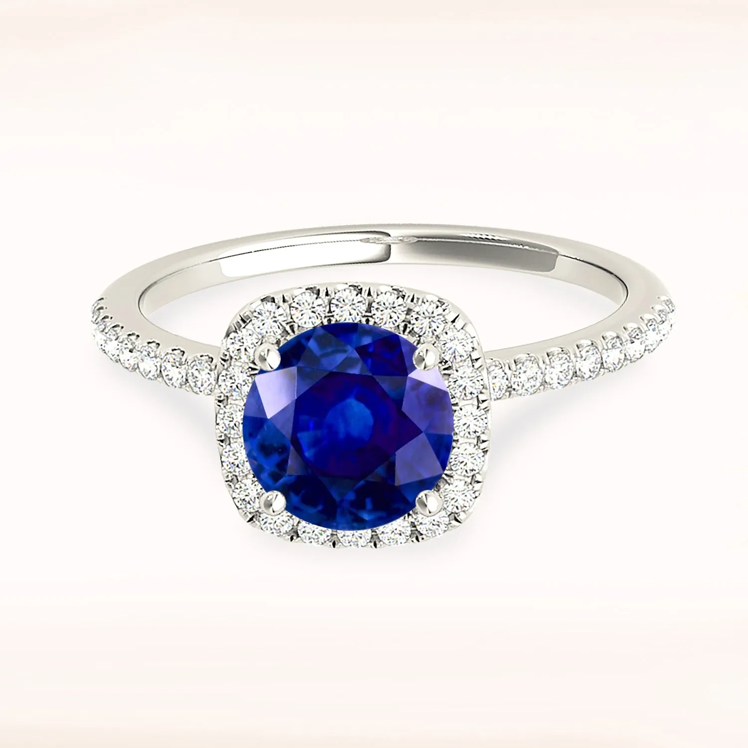 1.35 ct. Genuine Blue Round Sapphire Ring Cushion with Halo Style