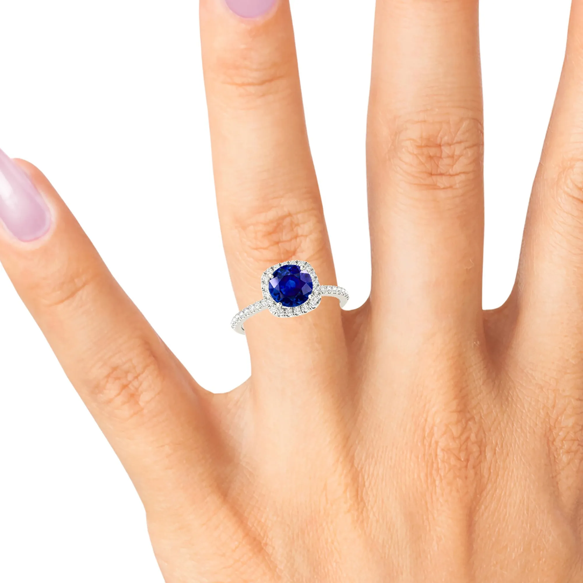 1.35 ct. Genuine Blue Round Sapphire Ring Cushion with Halo Style