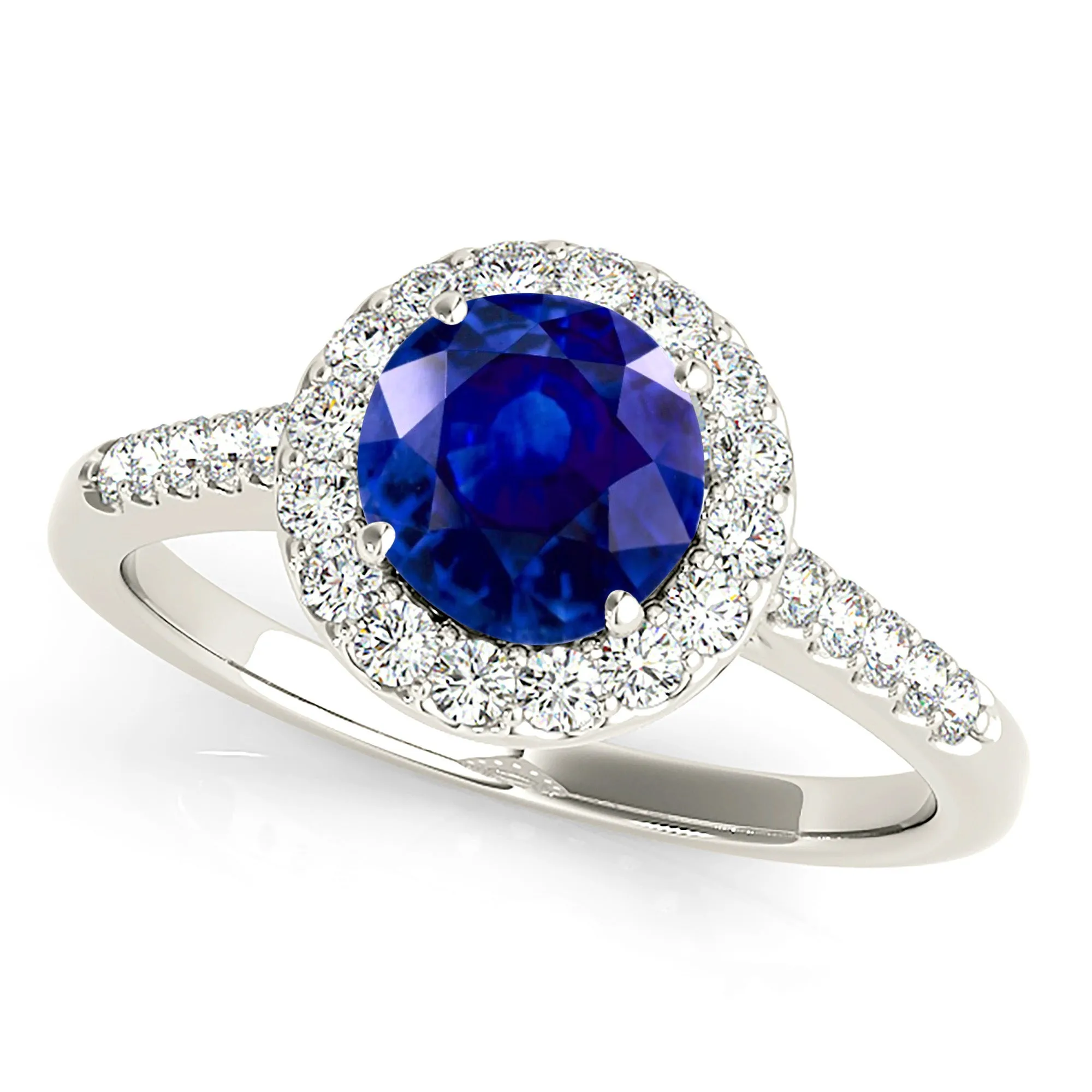 1.35 ct. Genuine Blue Sapphire Halo Ring With Side Diamonds