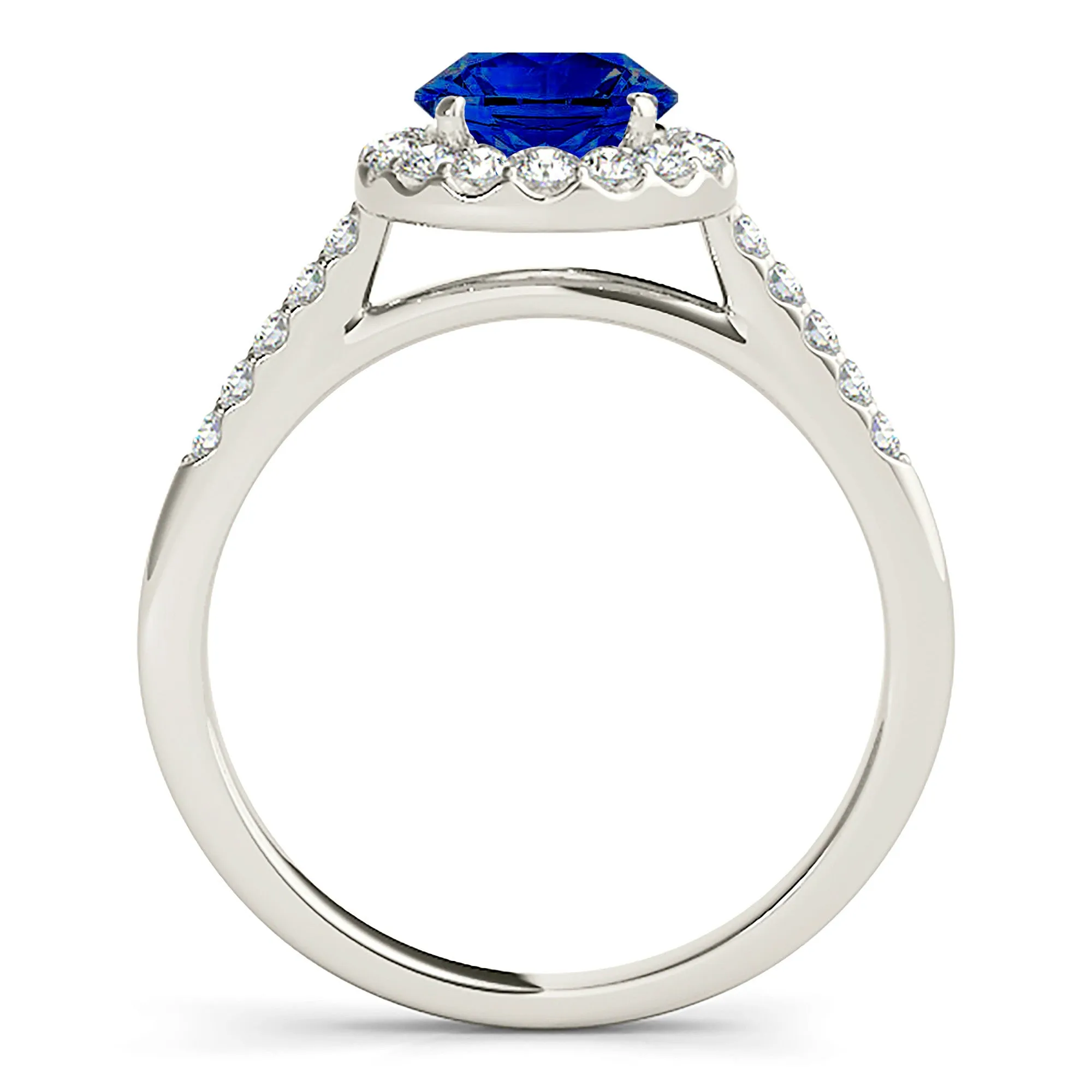 1.35 ct. Genuine Blue Sapphire Halo Ring With Side Diamonds
