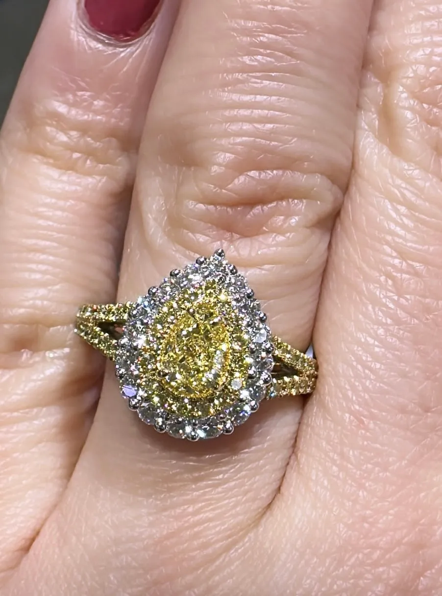 1.35ct tw Pear Shape Fancy Yellow Center with Halo Split Shank Diamond Ring