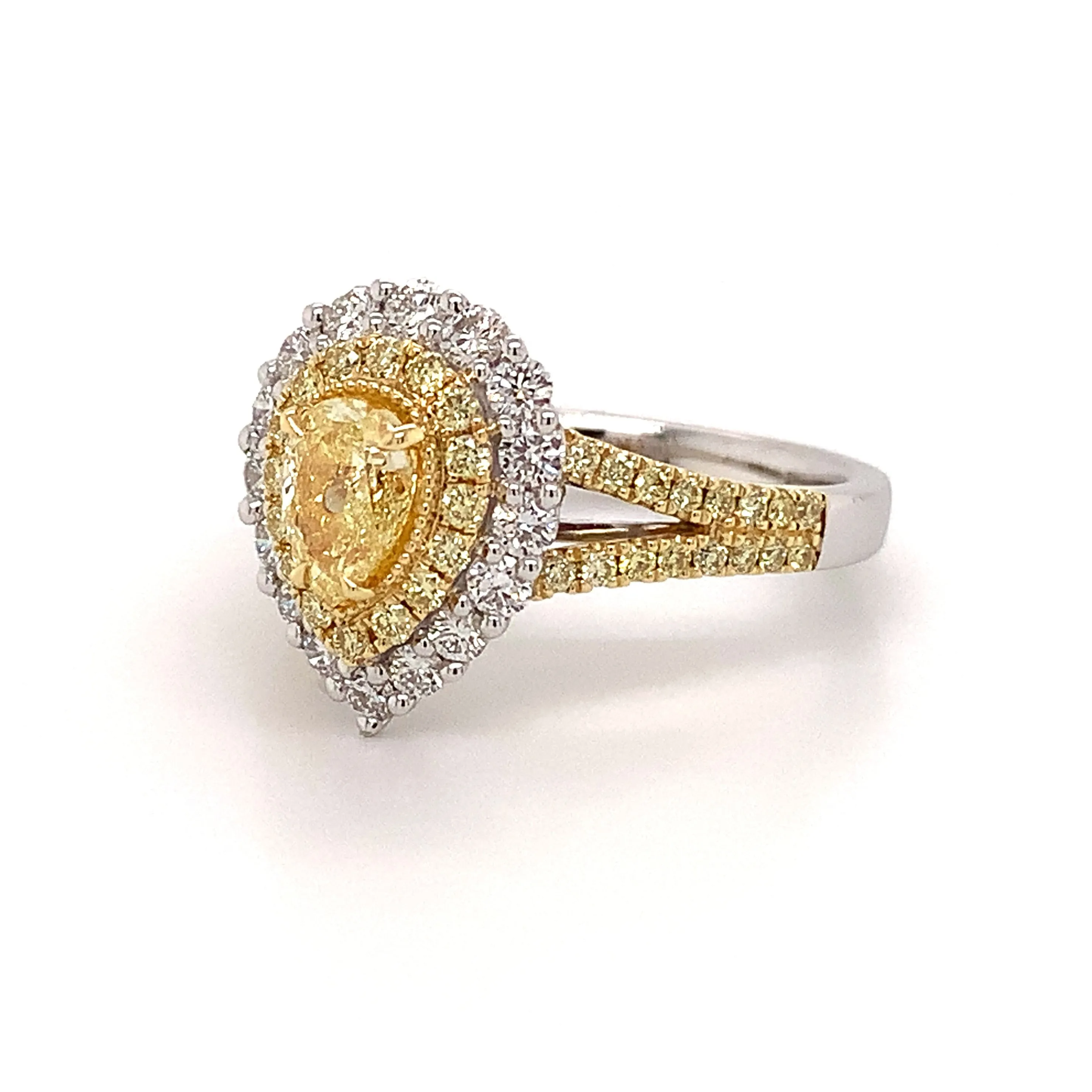 1.35ct tw Pear Shape Fancy Yellow Center with Halo Split Shank Diamond Ring