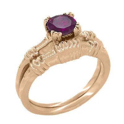 14 Karat Rose Gold Art Deco Hearts & Clovers Solitaire Rhodolite Garnet Engagement Ring