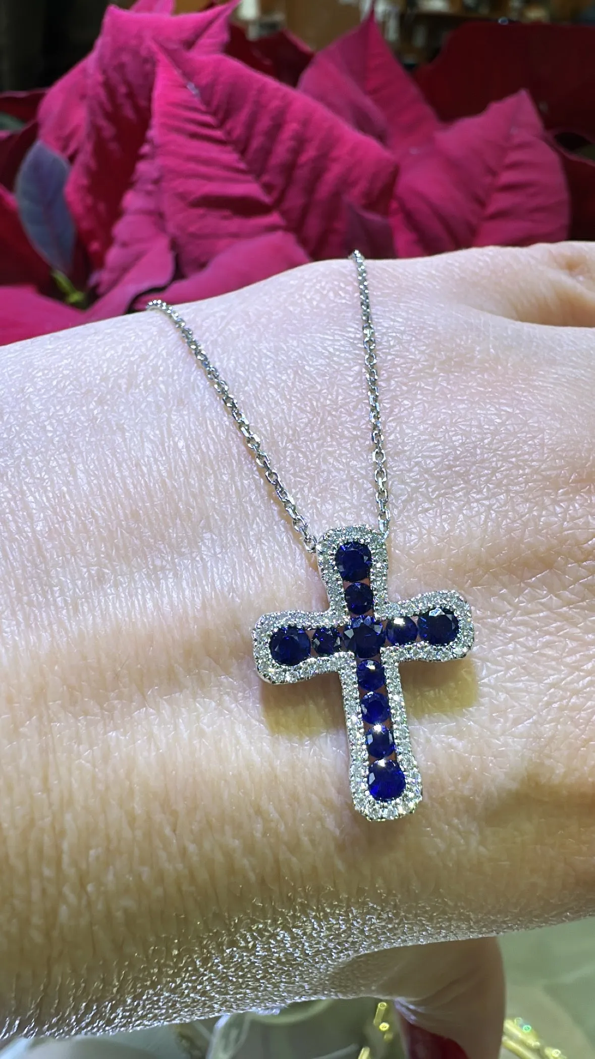 1.42ct tw Blue sapphire And Diamond Cross Pendant Necklace