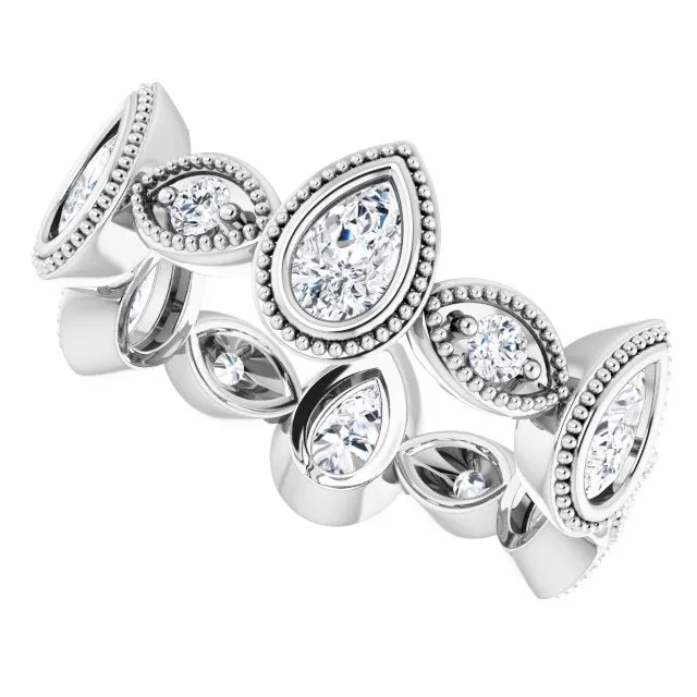 1.46 ct. Pear and Round Diamond Eternity Band Milgrain Accent Wedding Ring