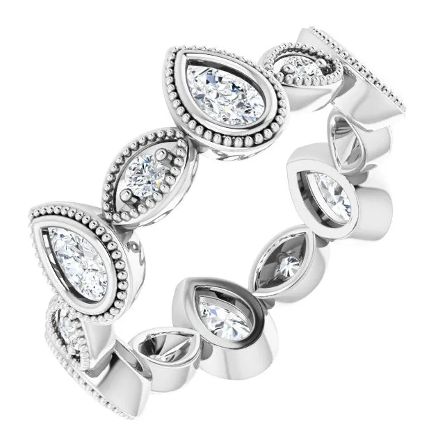 1.46 ct. Pear and Round Diamond Eternity Band Milgrain Accent Wedding Ring