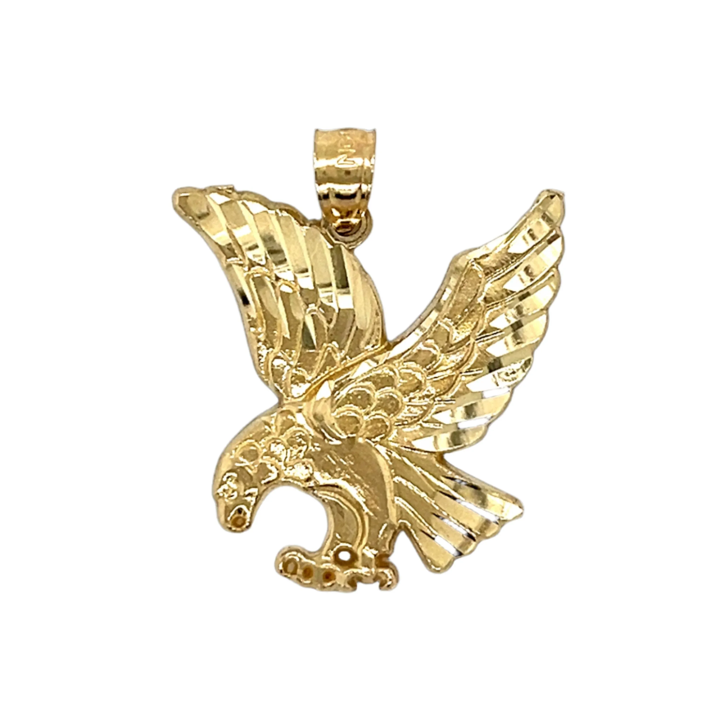 14K Gold Diamond Cut Solid Landing Flying Eagle Pendant 1" Charm