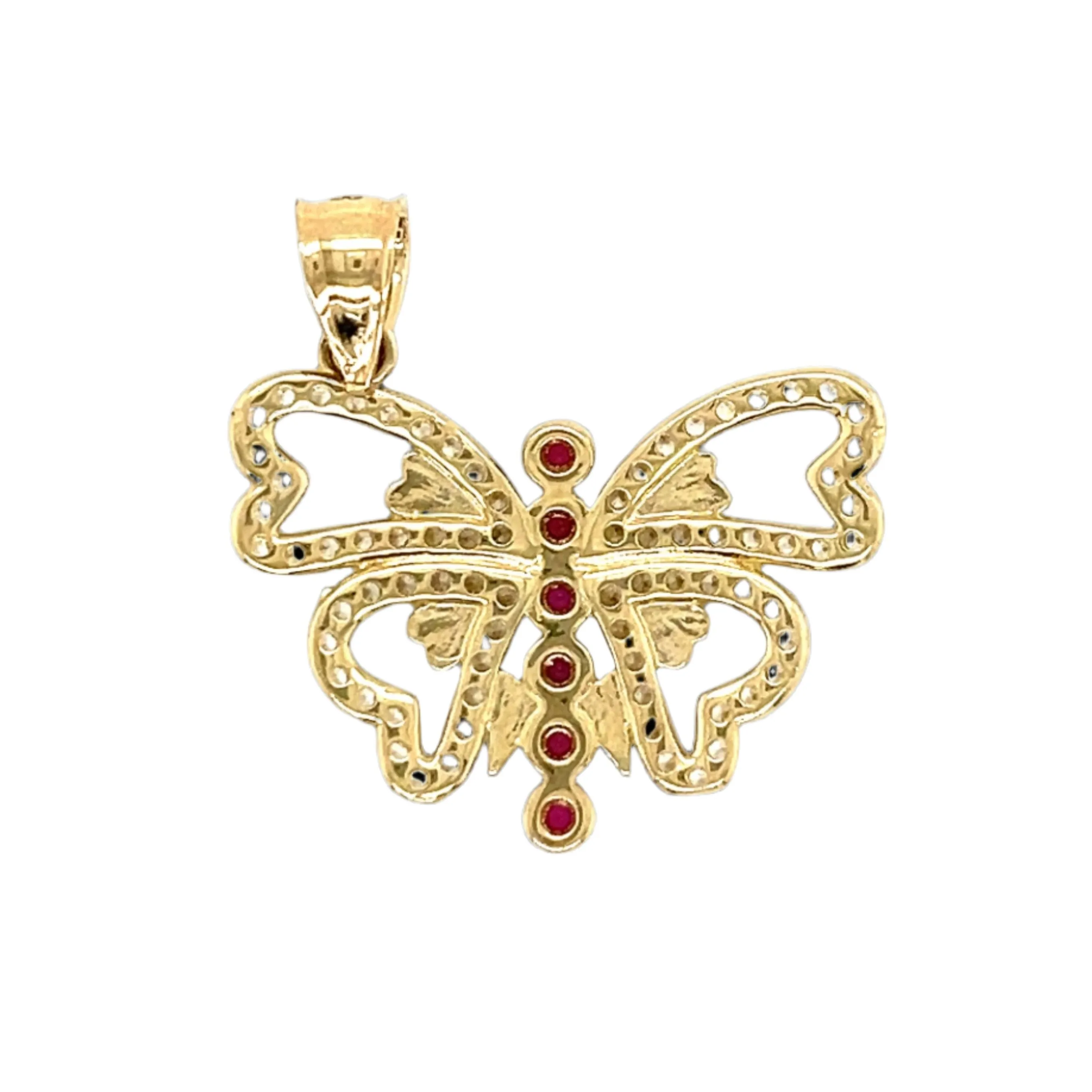 14K Gold Pink Cubic Zirconia Heart Shaped Butterfly 1" Charm Pendant