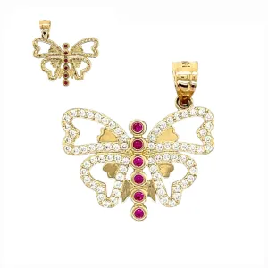 14K Gold Pink Cubic Zirconia Heart Shaped Butterfly 1" Charm Pendant