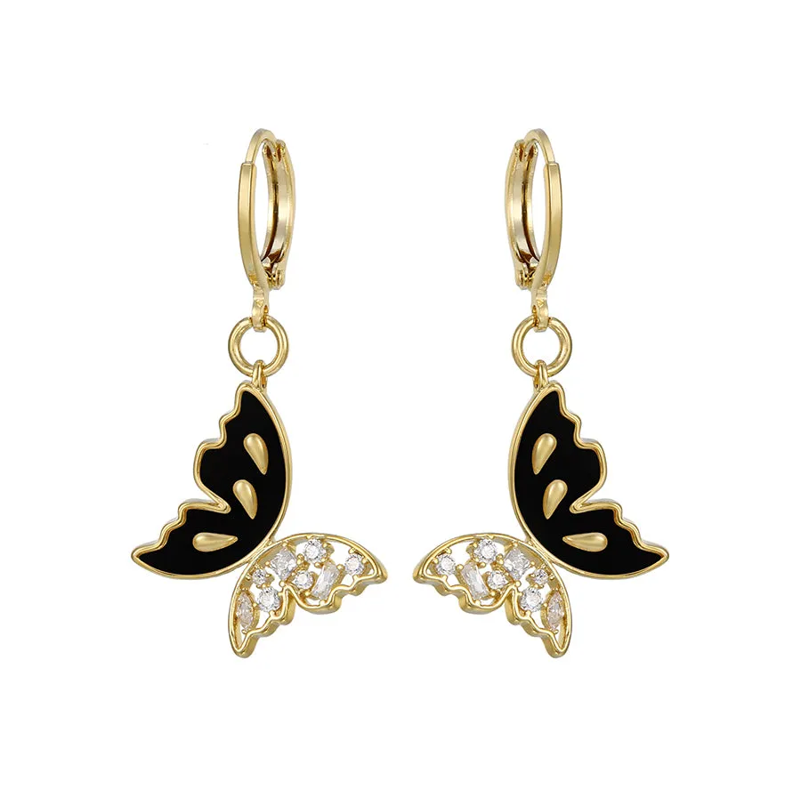 14K Gold Plated Onyx & Cz Diamond Butterfly Earring