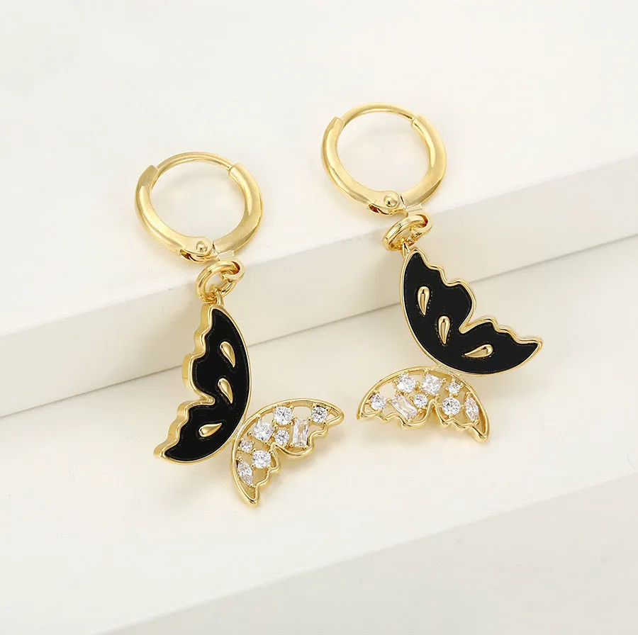 14K Gold Plated Onyx & Cz Diamond Butterfly Earring