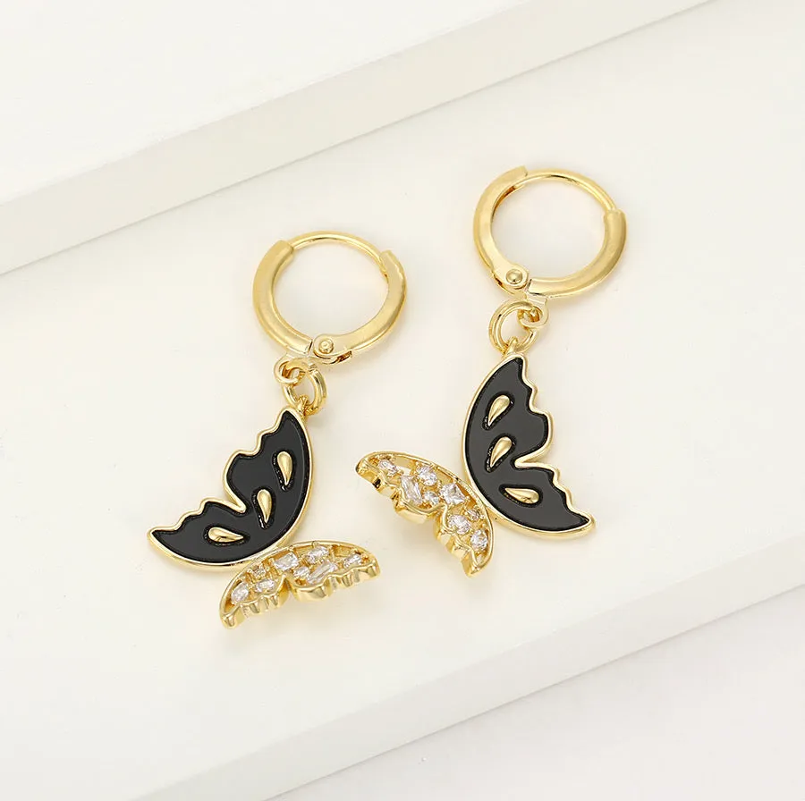 14K Gold Plated Onyx & Cz Diamond Butterfly Earring