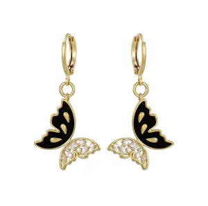 14K Gold Plated Onyx & Cz Diamond Butterfly Earring
