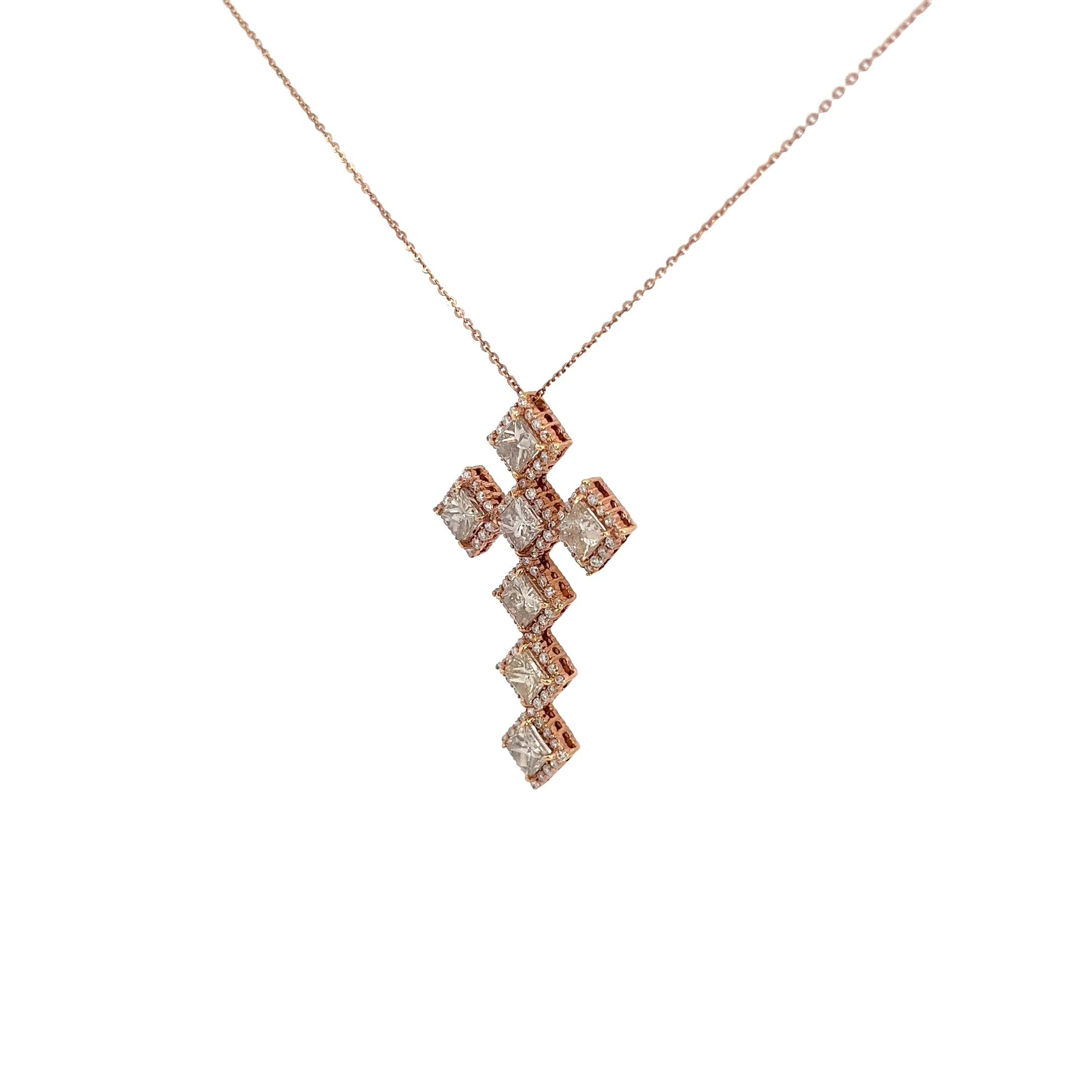 14k Rose Gold 2.35ct Chocolate Princess Cut Diamond and .90ct G SI1 Round Diamond Cross Necklace