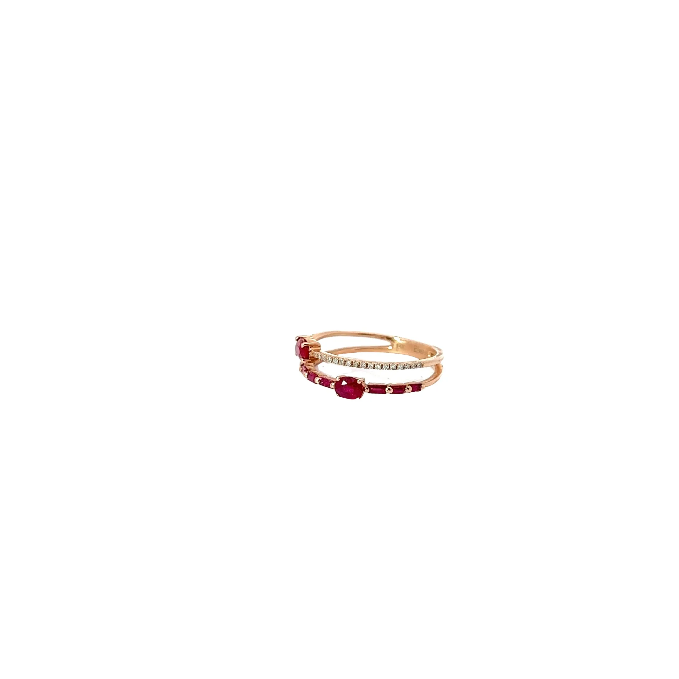 14k Rose Gold .50ct Oval and Baguette Ruby and .10ct G SI1 Round Diamond Stackable Ring