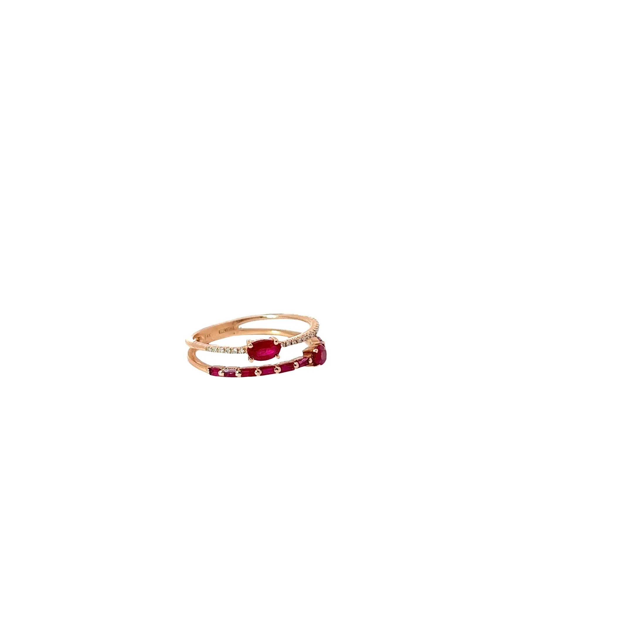 14k Rose Gold .50ct Oval and Baguette Ruby and .10ct G SI1 Round Diamond Stackable Ring