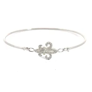14k White Gold Fleur De Lis Round Diamond Pave Bangle Bracelet