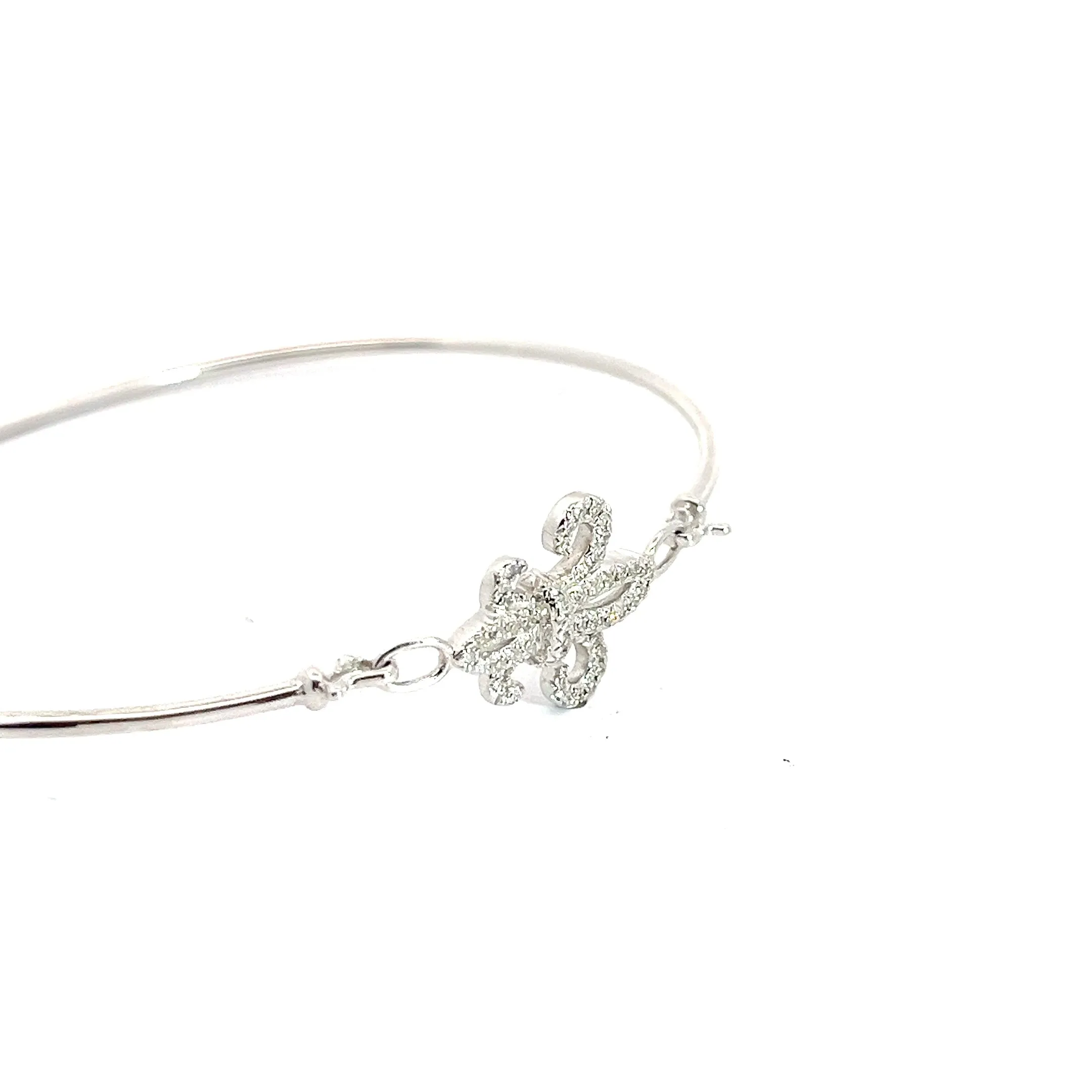 14k White Gold Fleur De Lis Round Diamond Pave Bangle Bracelet