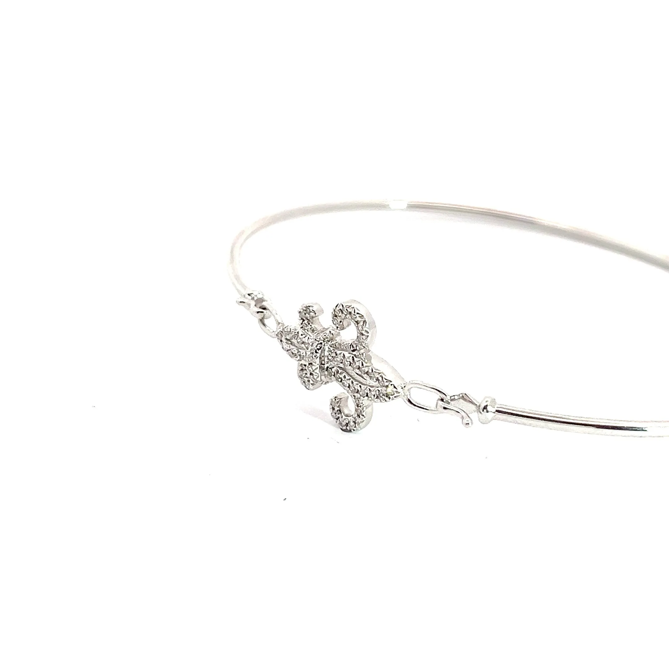 14k White Gold Fleur De Lis Round Diamond Pave Bangle Bracelet