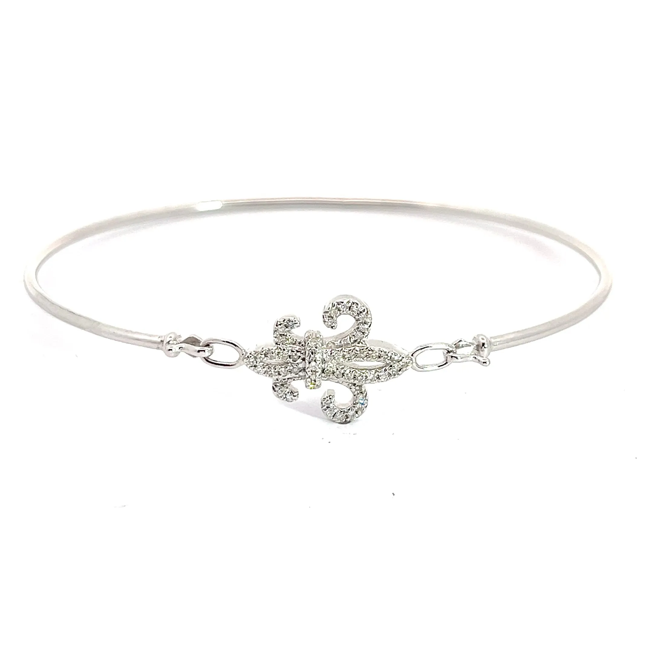 14k White Gold Fleur De Lis Round Diamond Pave Bangle Bracelet