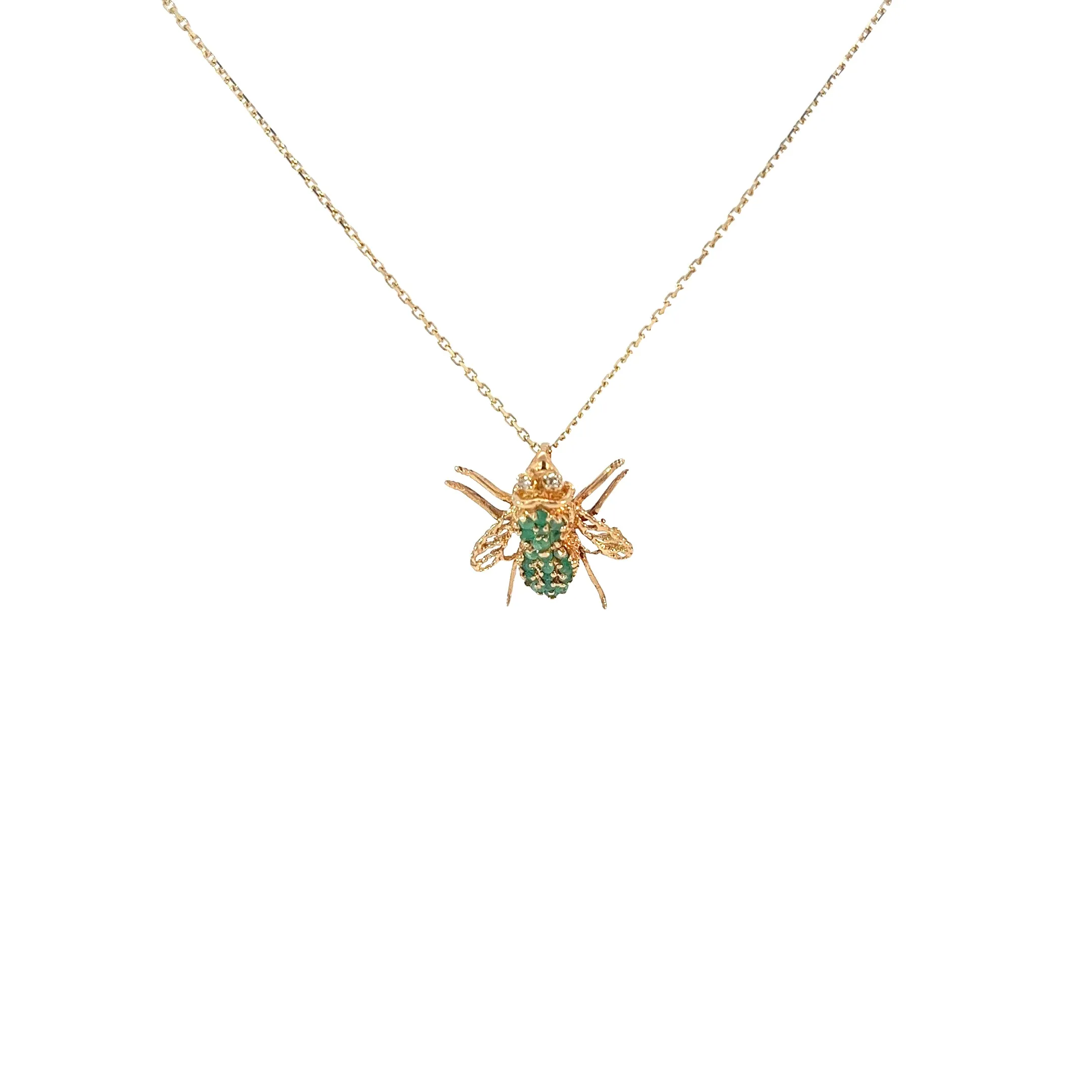 14k Yellow Gold Emerald and Diamond Bee Necklace