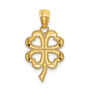 14k Yellow Gold Solid Polished Textured Diamond Cut Finish 4-Leaf Clover Design Charm Pendant