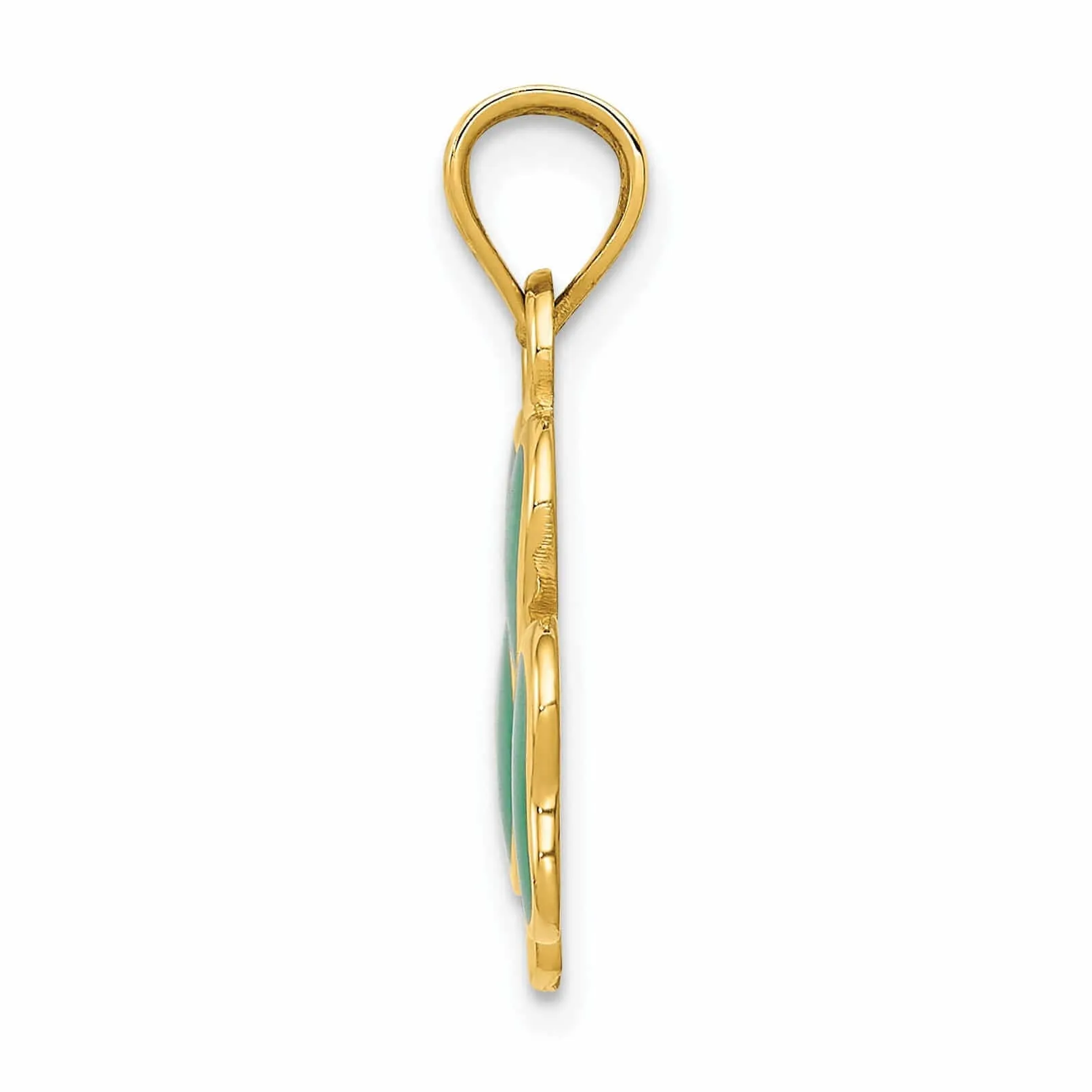 14k  Yellow Gold Solid Textured Polished Finish Green Enameled 3 Leaf Clover Charm Pendant