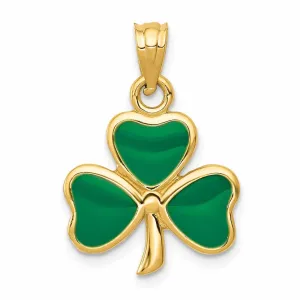 14k  Yellow Gold Solid Textured Polished Finish Green Enameled 3 Leaf Clover Charm Pendant