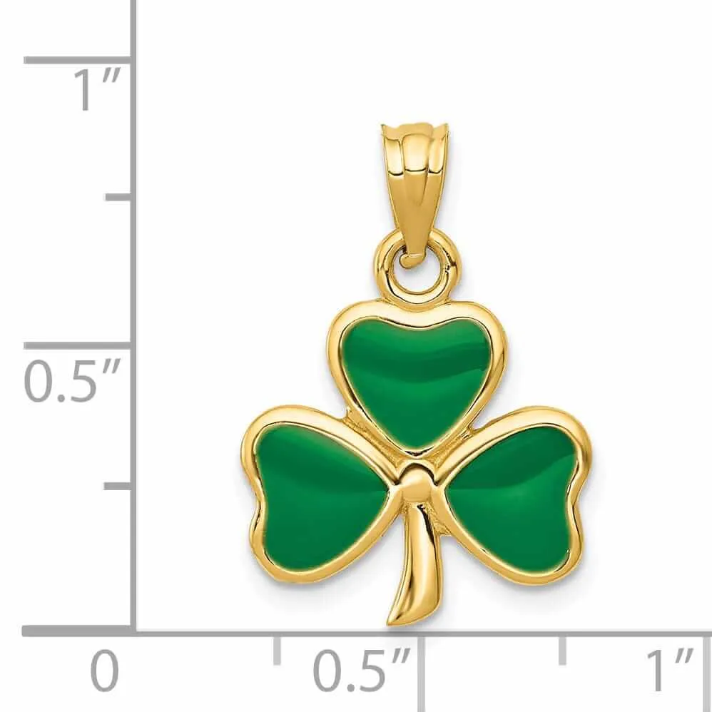 14k  Yellow Gold Solid Textured Polished Finish Green Enameled 3 Leaf Clover Charm Pendant