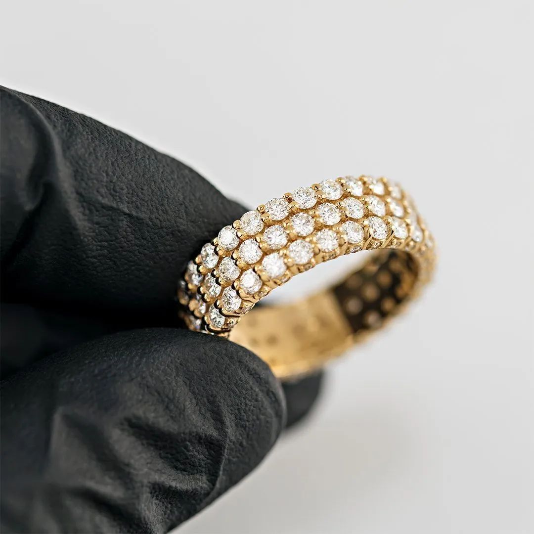 14k Yellow Gold Triple Row Diamond Eternity Wedding Band Ring 4.77 Ctw