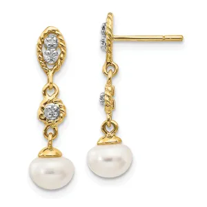 14k Yellow Rhodium Pearl Diamond Post Earrings