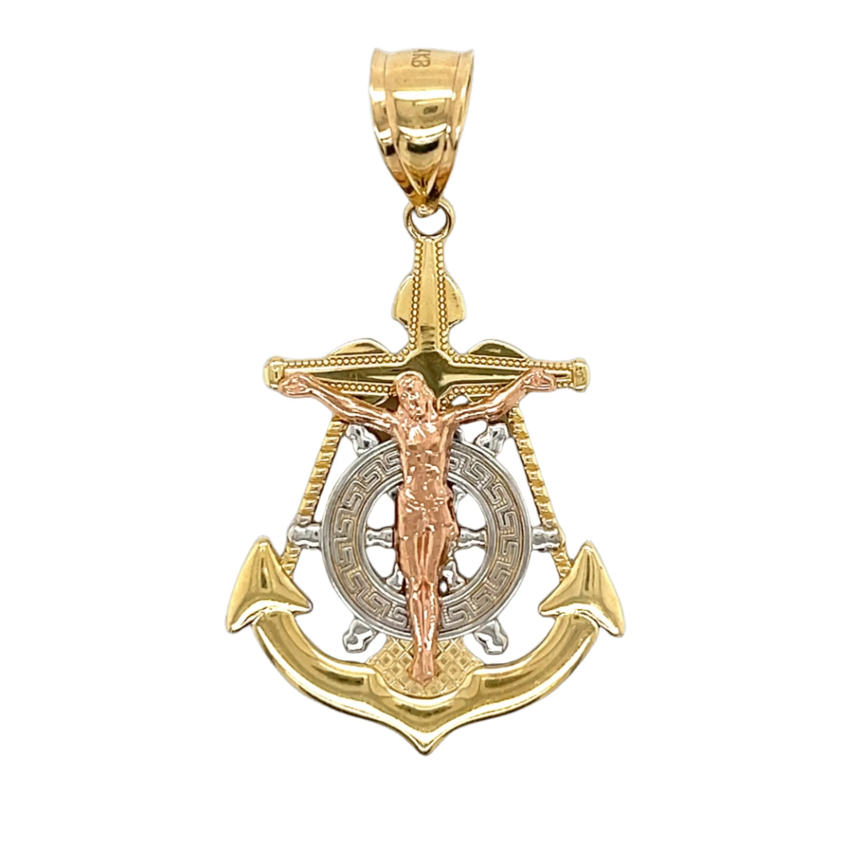 14K Yellow White Rose Gold Tri Color Jesus Anchor Mariner's Cross Crucifix Pendant