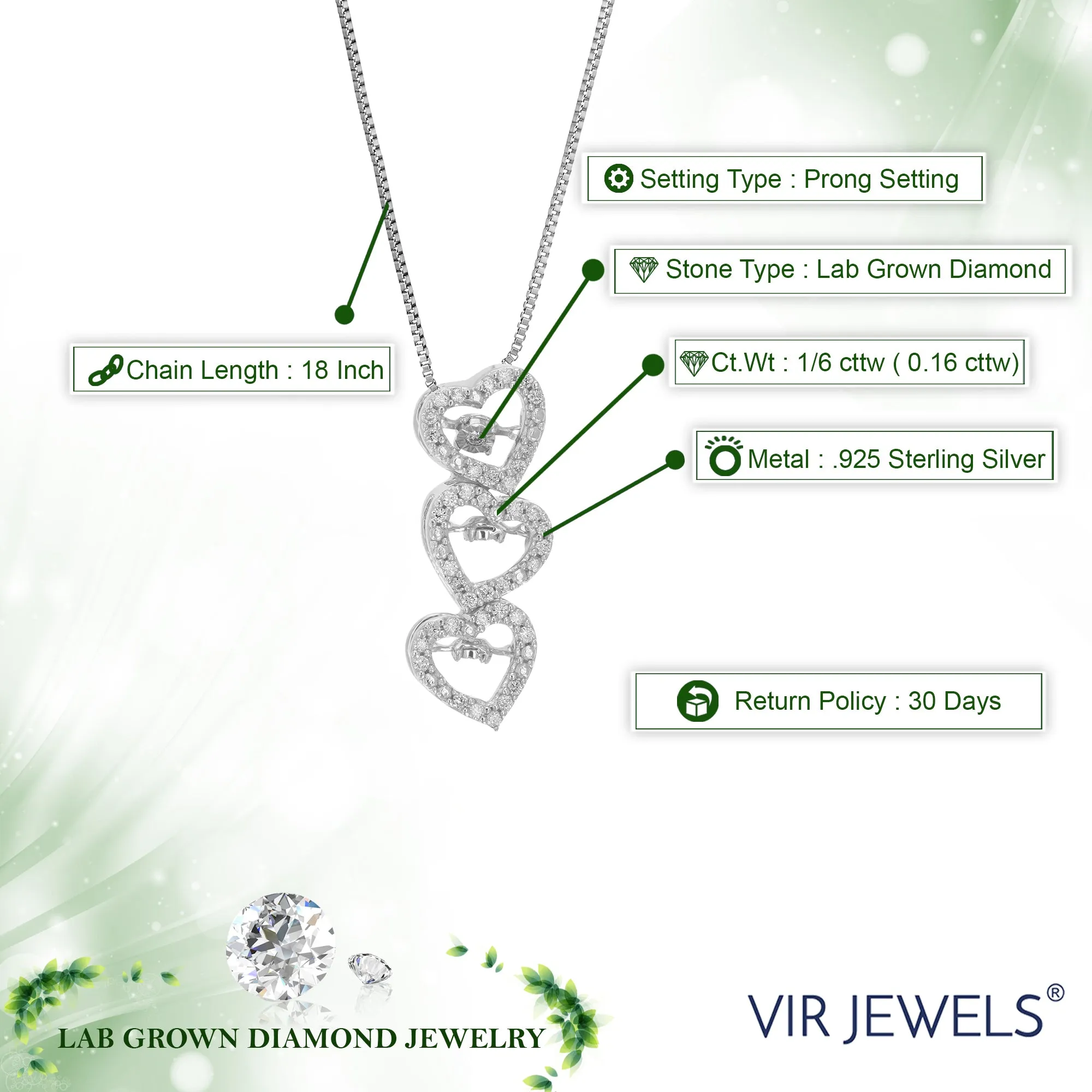 1/6 cttw Lab Grown Diamond Triple Heart Pendant in Sterling Silver