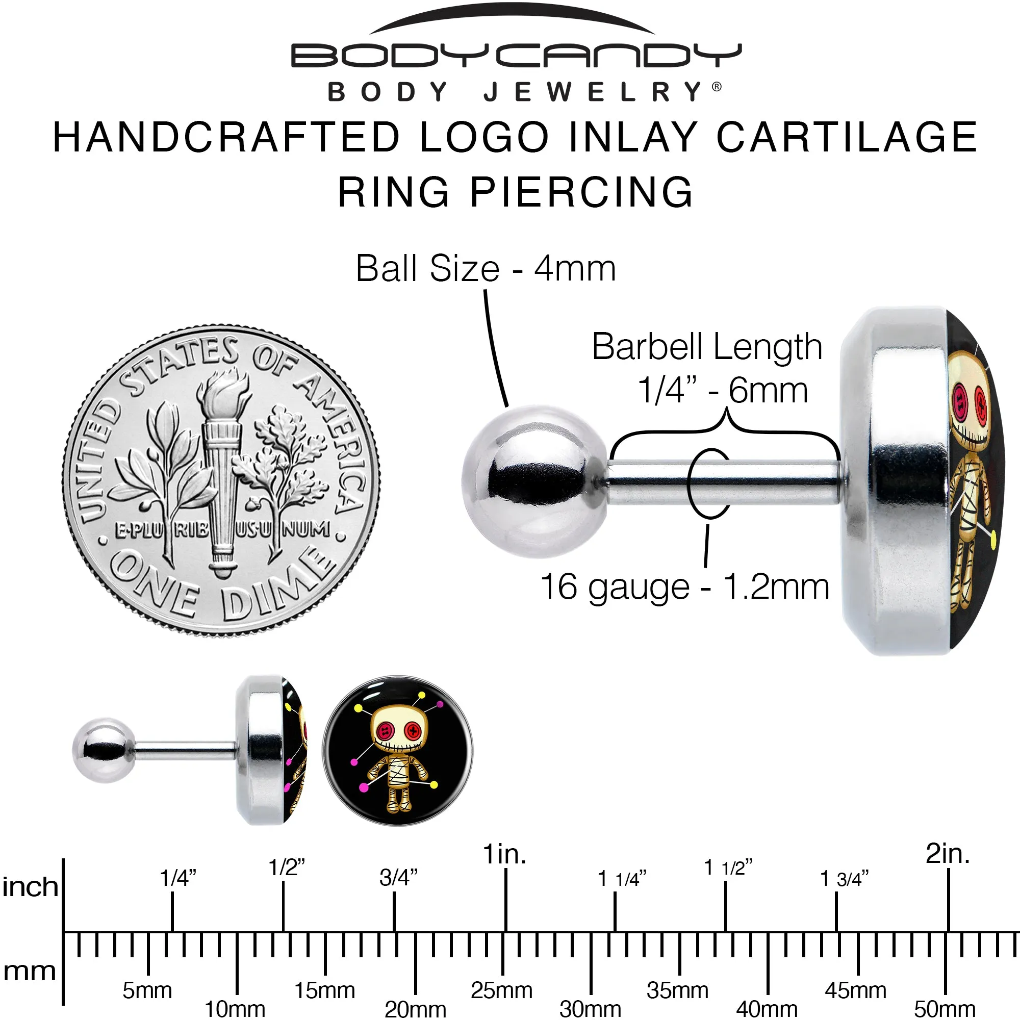 16 Gauge 1/4 Voodoo Doll Tragus Cartilage Earring