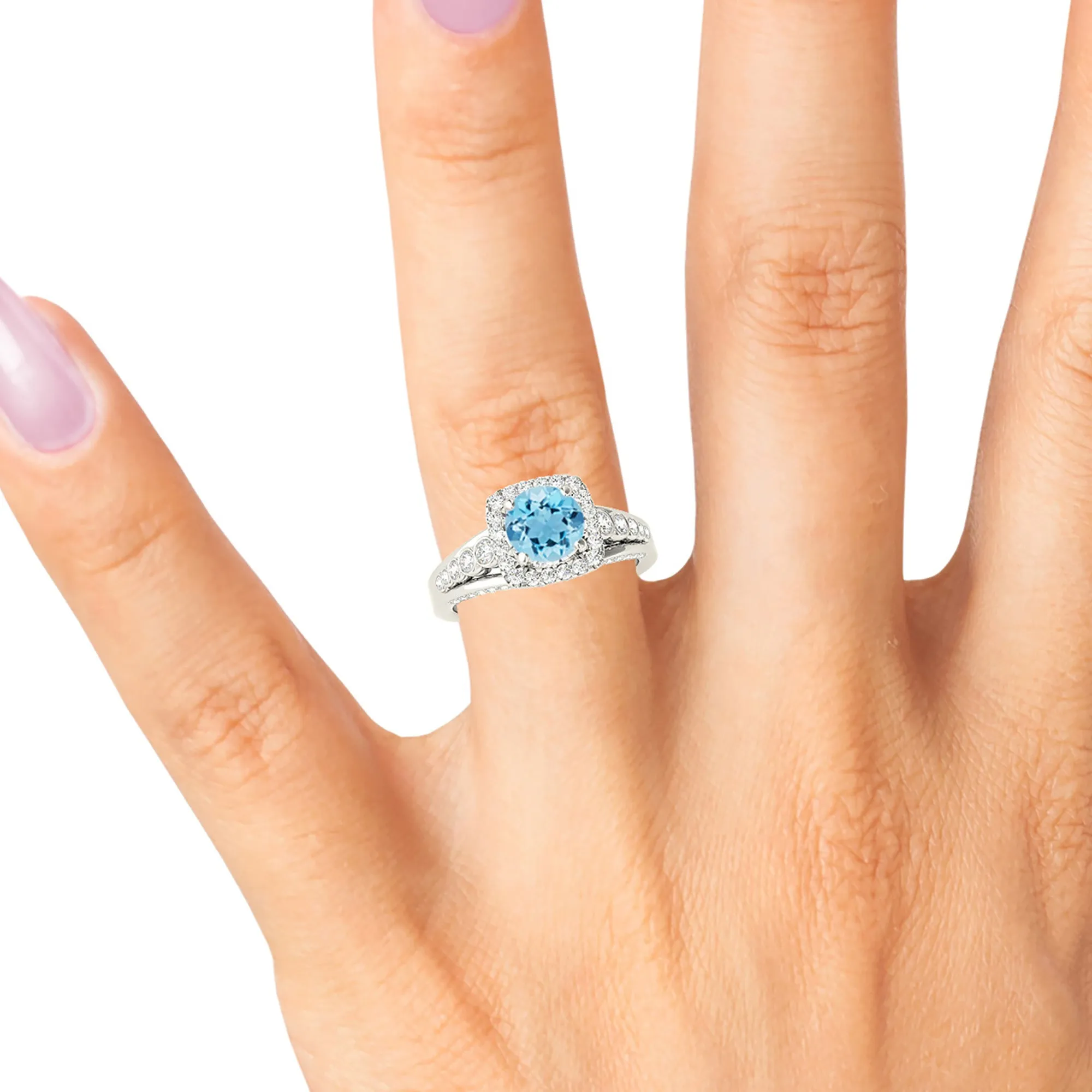 1.75 ct. Genuine Aquamarine Ring With Cushion Halo