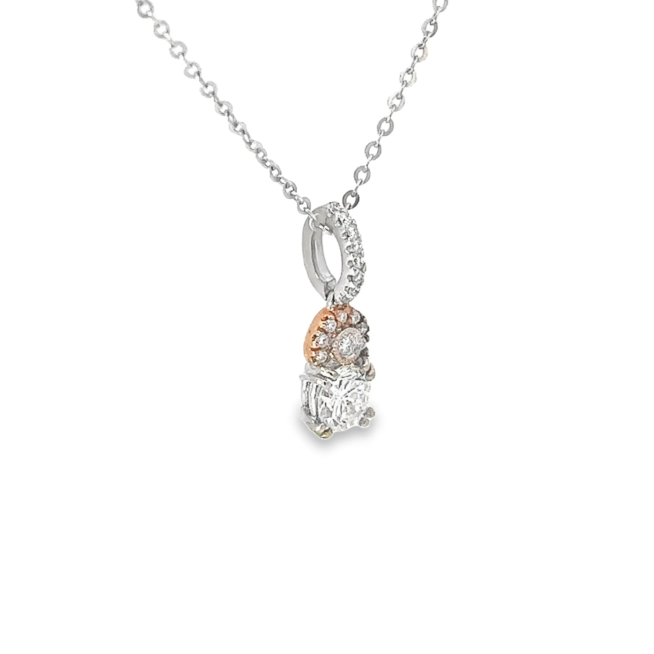18k Two Tone .54ct G SI1 Center Round  Diamond with  .18ct F VS2 Round Diamond Halo Drop Necklace