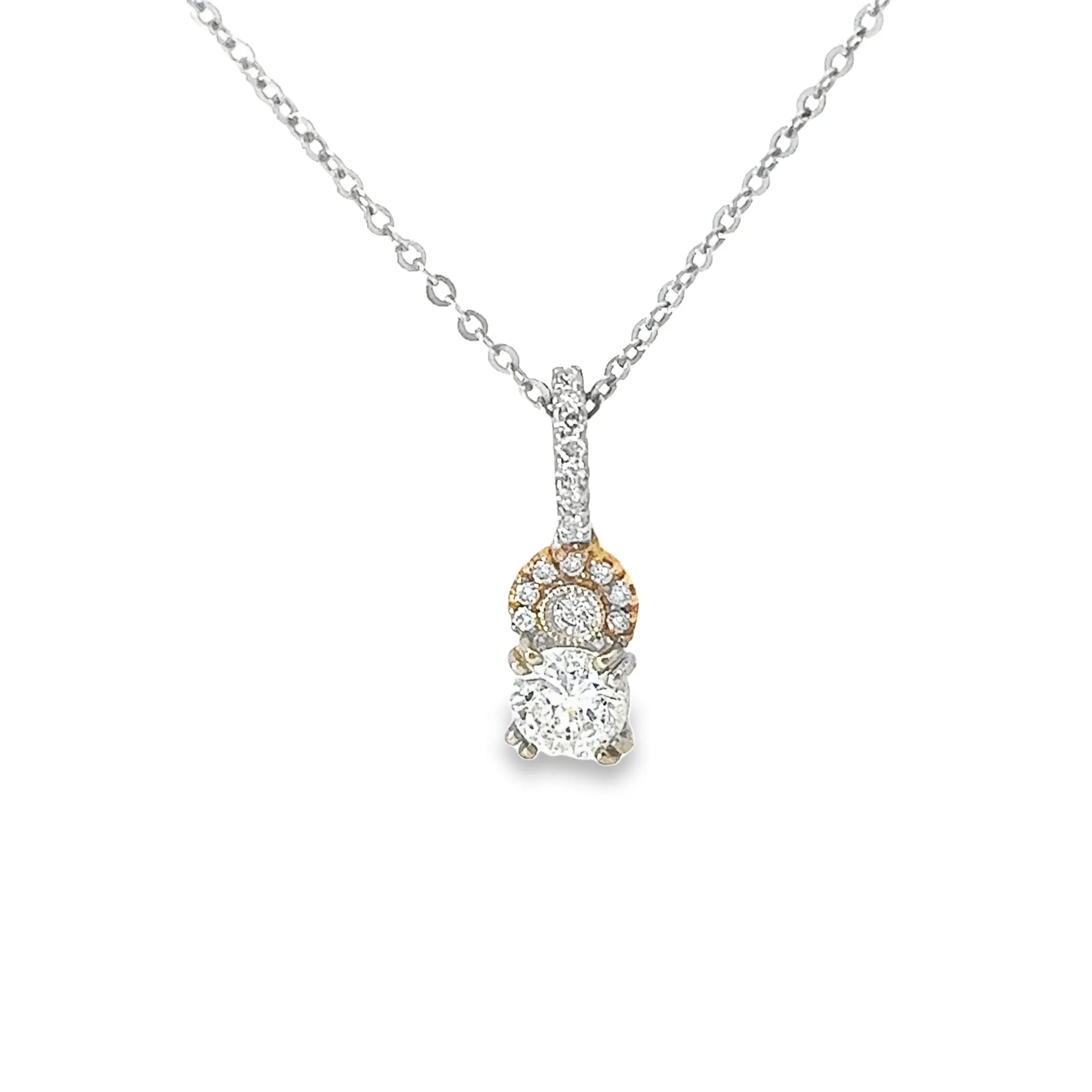 18k Two Tone .54ct G SI1 Center Round  Diamond with  .18ct F VS2 Round Diamond Halo Drop Necklace