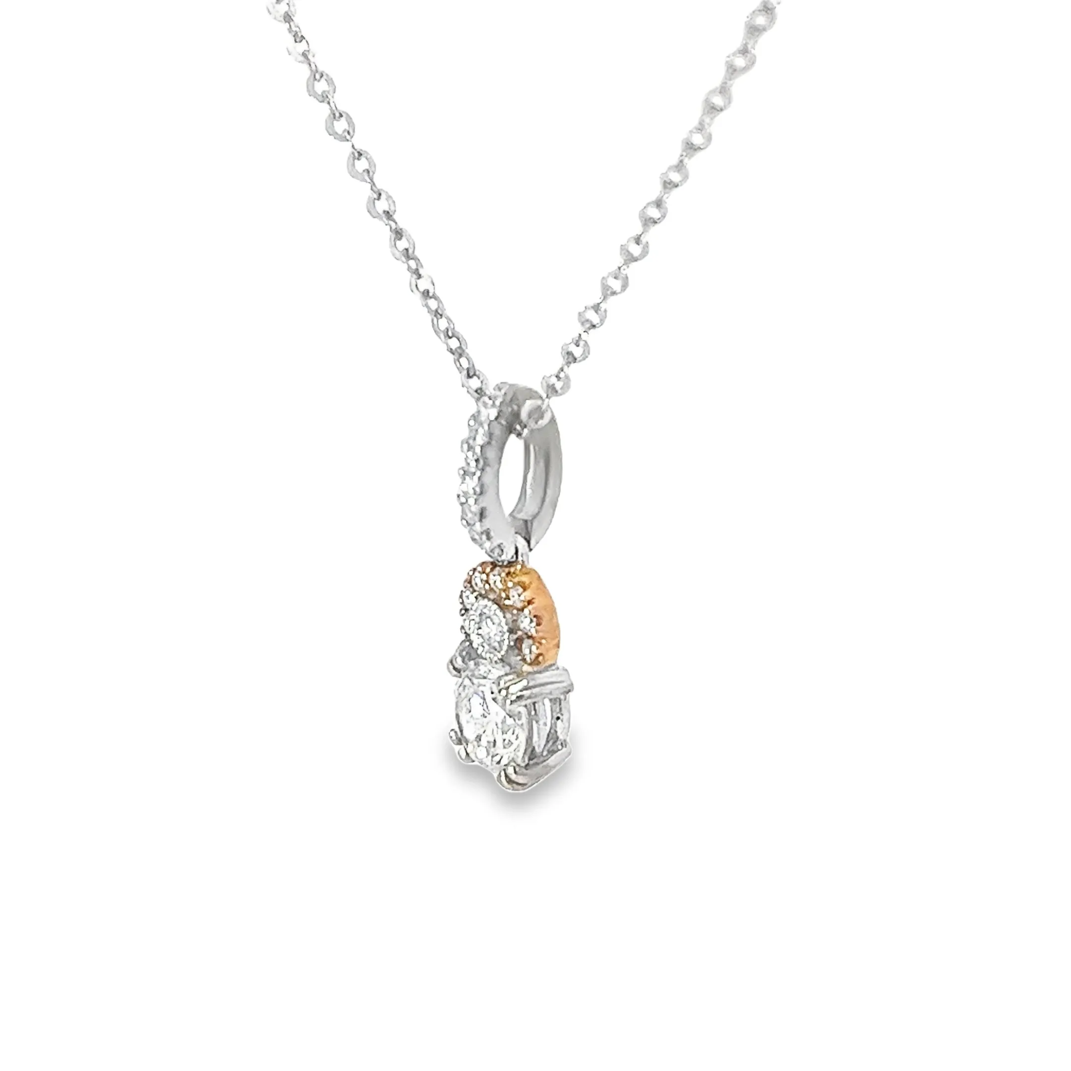 18k Two Tone .54ct G SI1 Center Round  Diamond with  .18ct F VS2 Round Diamond Halo Drop Necklace