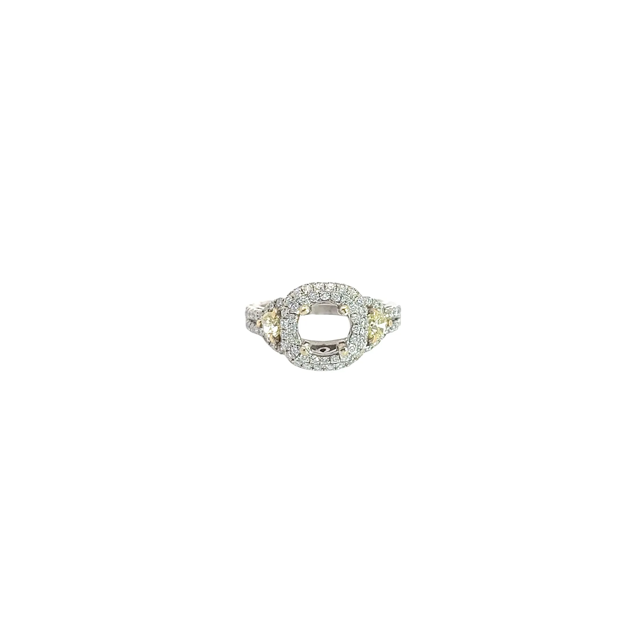 18k White Gold 1.00ct F VS2 Round diamond and .40ct (2) Trillion Yellow Diamond Semi Mount Ring